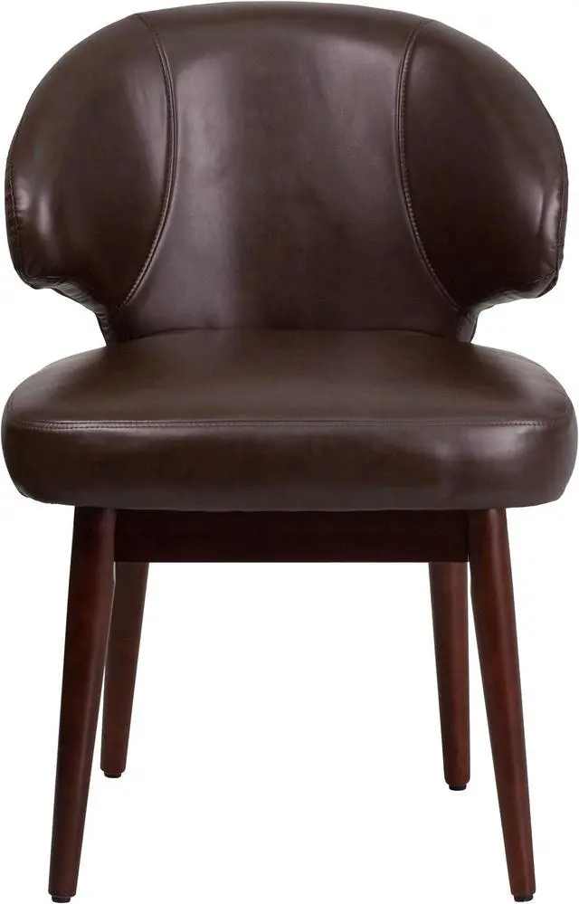 Alt view image 3 of 20 - Comfort Back Series Brown Leather Side Reception Chair with Walnut Legs