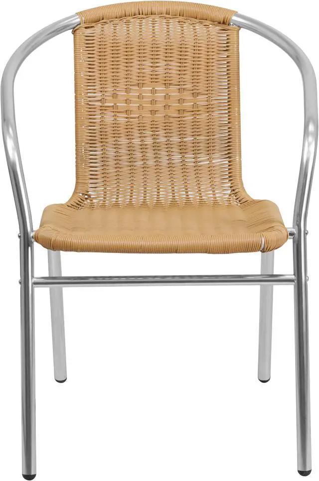 Alt view image 4 of 20 - Commercial Aluminum and Beige Rattan Indoor-Outdoor Restaurant Stack Chair
