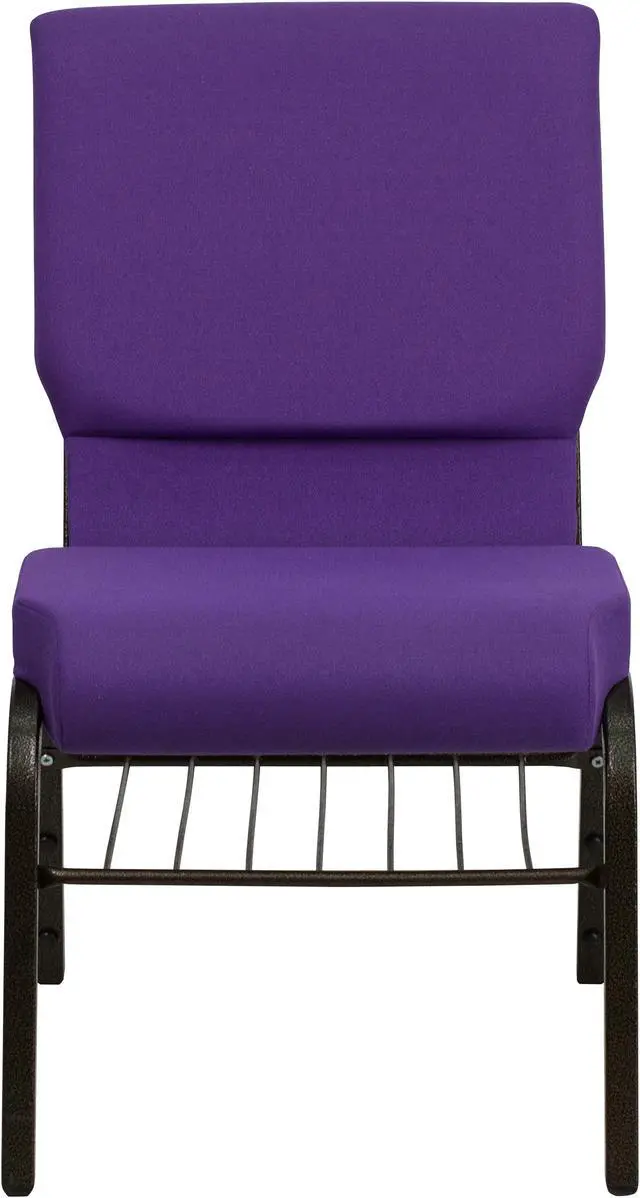 Alt view image 3 of 20 - HERCULES Series 18.5''W Church Chair in Purple Fabric with Book Rack - Gold Vein Frame
