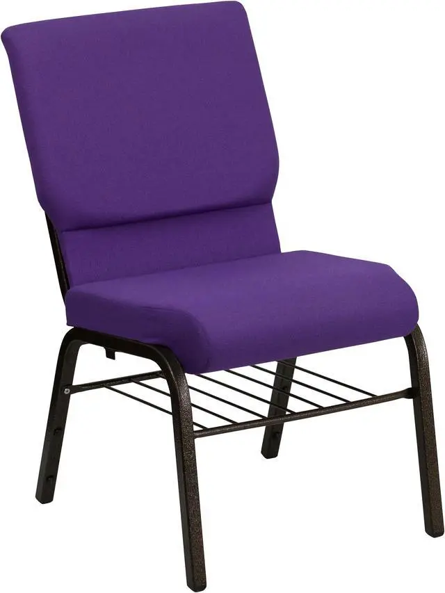 Main image of HERCULES Series 18.5''W Church Chair in Purple Fabric with Book Rack - Gold Vein Frame