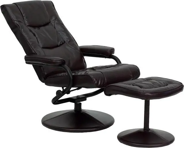Alt view image 5 of 20 - Contemporary Brown Leather Recliner and Ottoman with Leather Wrapped Base