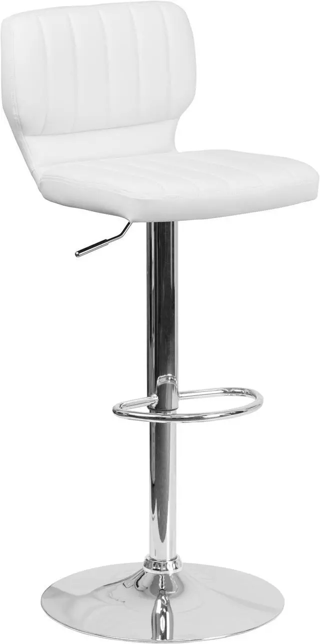 Alt view image 4 of 20 - Contemporary White Vinyl Adjustable Height Barstool with Vertical Stitch Back and Chrome Base