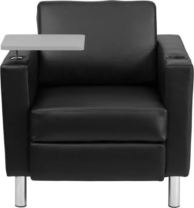 Alt view image 3 of 20 - Black Leather Guest Chair with Tablet Arm, Tall Chrome Legs and Cup Holder