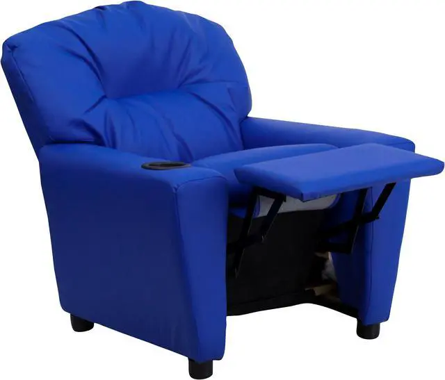 Alt view image 5 of 13 - Contemporary Blue Vinyl Kids Recliner with Cup Holder