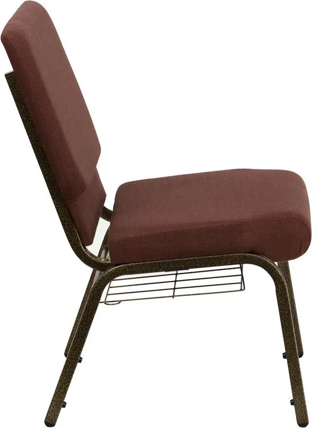Alt view image 2 of 20 - HERCULES Series 18.5''W Church Chair in Brown Fabric with Cup Book Rack - Gold Vein Frame