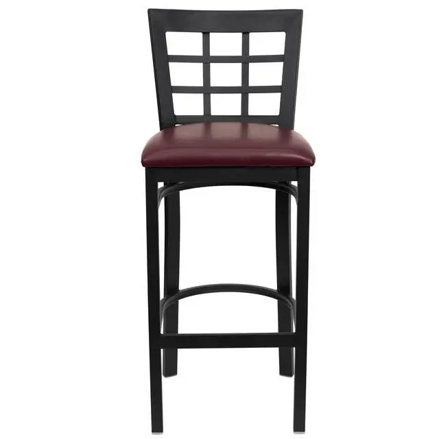 Alt view image 4 of 15 - HERCULES Series Black Window Back Metal Restaurant Barstool - Burgundy Vinyl Seat