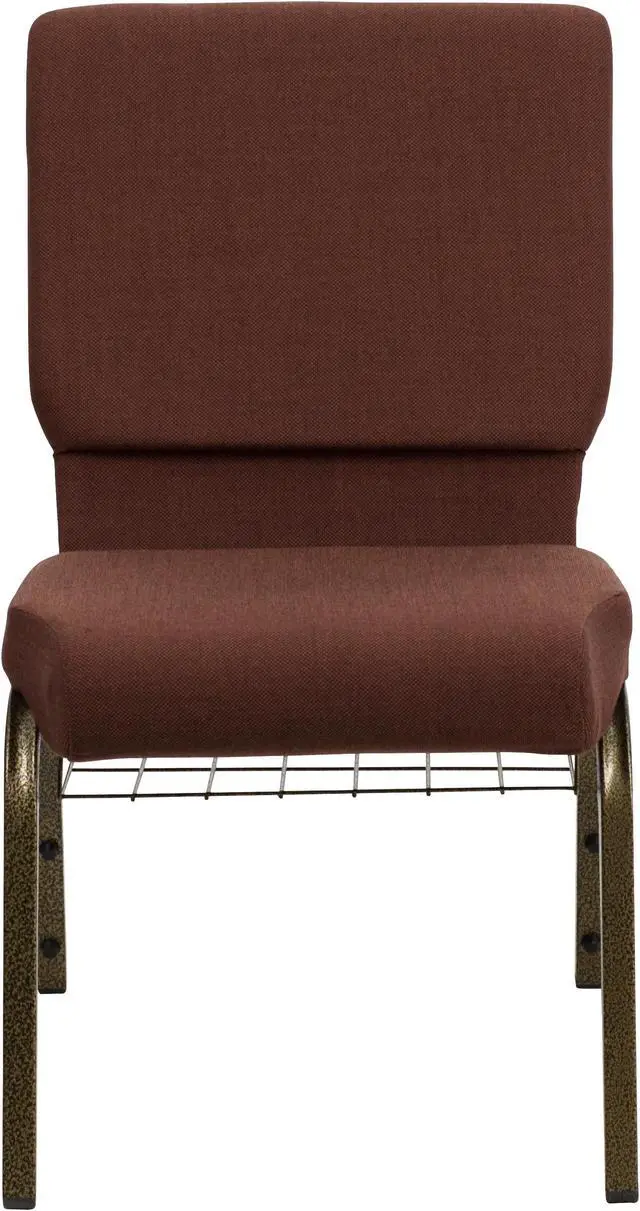 Alt view image 4 of 20 - HERCULES Series 18.5''W Church Chair in Brown Fabric with Cup Book Rack - Gold Vein Frame