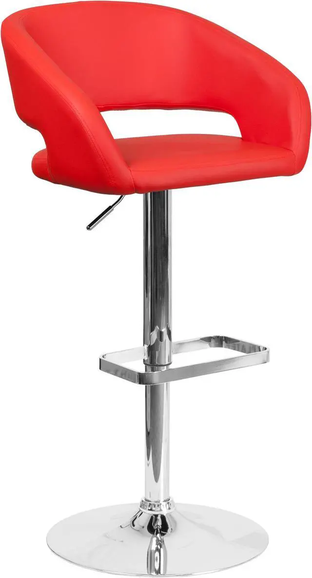 Main image of Contemporary Red Vinyl Adjustable Height Barstool with Rounded Mid-Back and Chrome Base