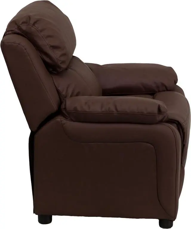 Alt view image 2 of 20 - Flash Furniture BT-7985-KID- BRN-LEA-GG Deluxe Heavily Padded Contemporary Brown Leather Kids Recliner with Storage Arms