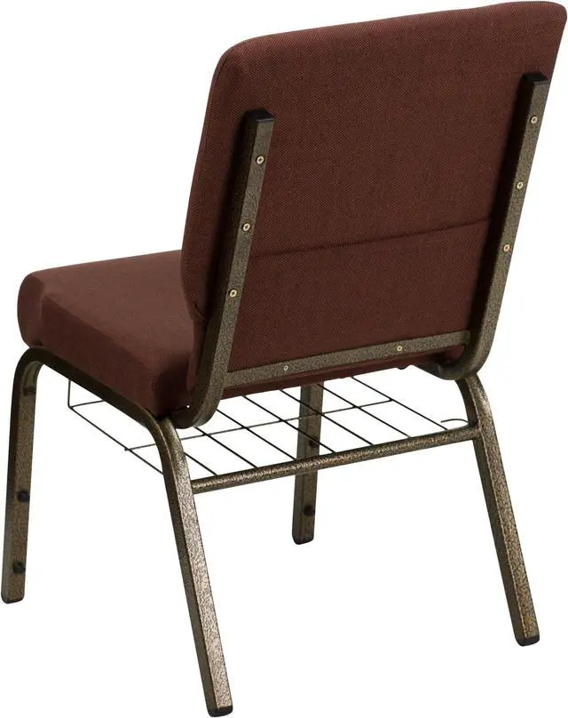 Alt view image 3 of 20 - HERCULES Series 18.5''W Church Chair in Brown Fabric with Cup Book Rack - Gold Vein Frame