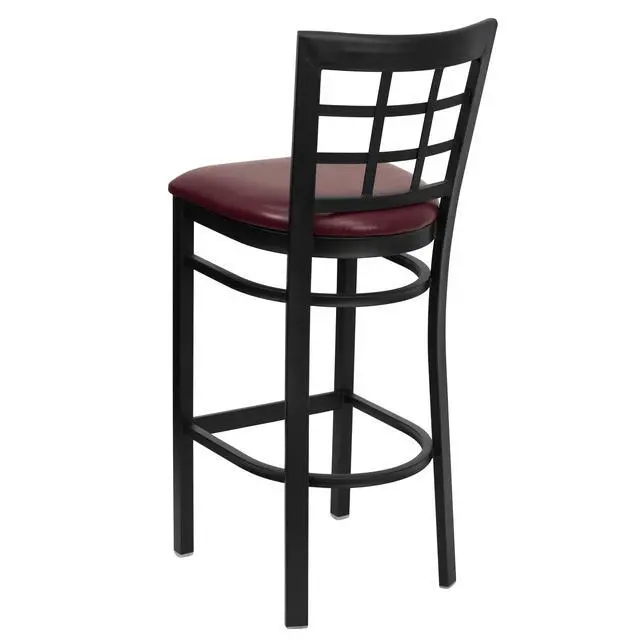 Alt view image 3 of 15 - HERCULES Series Black Window Back Metal Restaurant Barstool - Burgundy Vinyl Seat