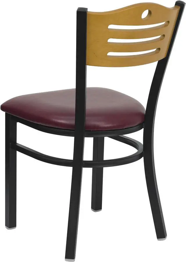 Alt view image 3 of 14 - HERCULES Series Black Slat Back Metal Restaurant Chair - Natural Wood Back, Burgundy Vinyl Seat