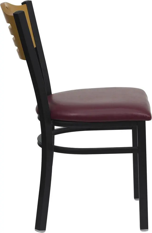 Alt view image 2 of 14 - HERCULES Series Black Slat Back Metal Restaurant Chair - Natural Wood Back, Burgundy Vinyl Seat