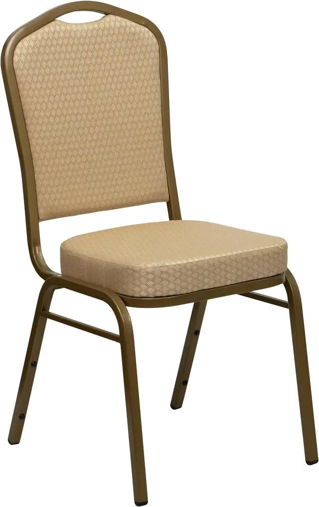 Main image of HERCULES Series Crown Back Stacking Banquet Chair in Beige Patterned Fabric - Gold Frame