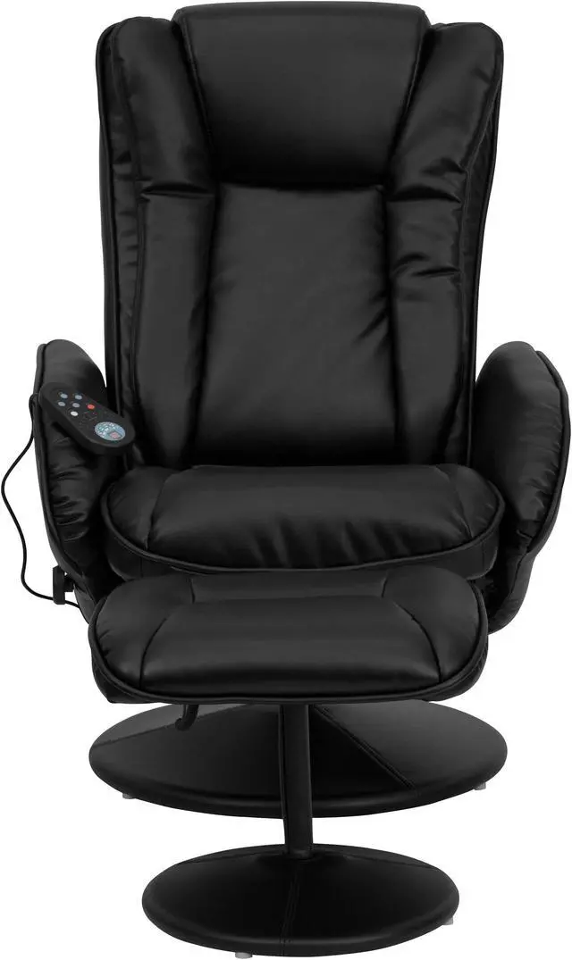Alt view image 4 of 20 - Massaging Multi-Position Plush Recliner with Side Pocket and Ottoman in Black LeatherSoft