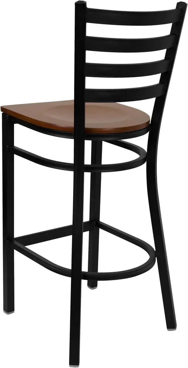 Alt view image 3 of 20 - HERCULES Series Black Ladder Back Metal Restaurant Barstool - Cherry Wood Seat