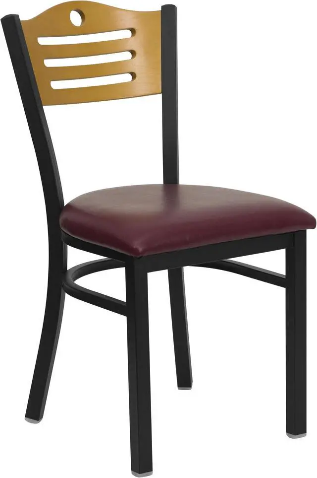 Main image of HERCULES Series Black Slat Back Metal Restaurant Chair - Natural Wood Back, Burgundy Vinyl Seat