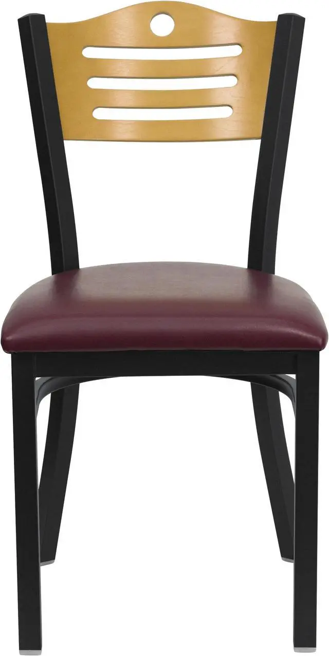 Alt view image 4 of 14 - HERCULES Series Black Slat Back Metal Restaurant Chair - Natural Wood Back, Burgundy Vinyl Seat