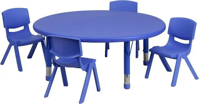 Main image of 45'' Round Blue Plastic Height Adjustable Activity Table Set with 4 Chairs