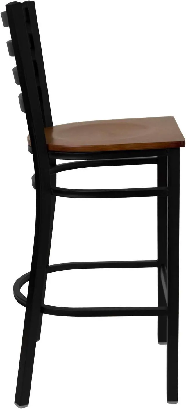 Alt view image 2 of 20 - HERCULES Series Black Ladder Back Metal Restaurant Barstool - Cherry Wood Seat