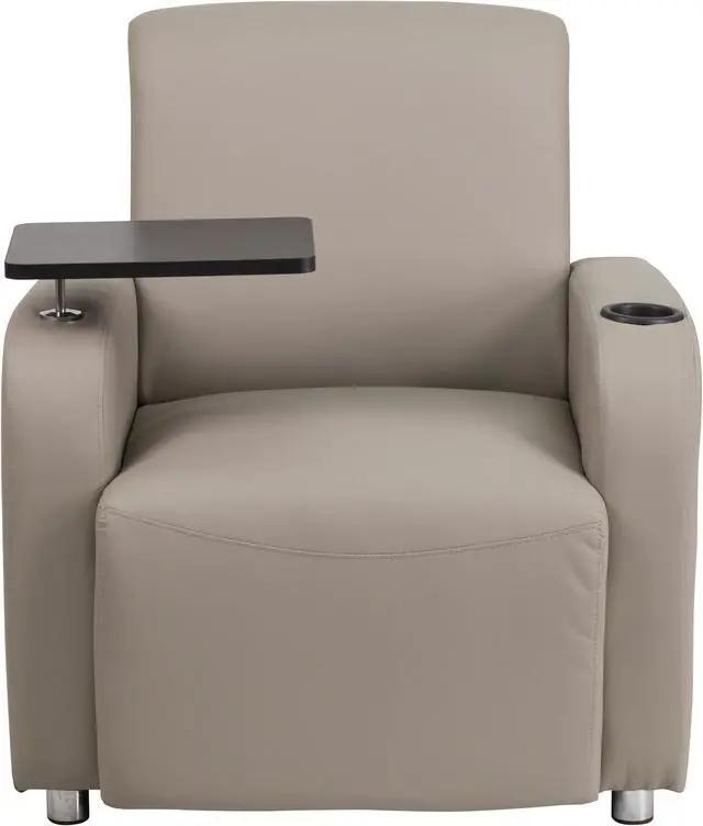 Alt view image 4 of 20 - Gray Leather Guest Chair with Tablet Arm, Chrome Legs and Cup Holder