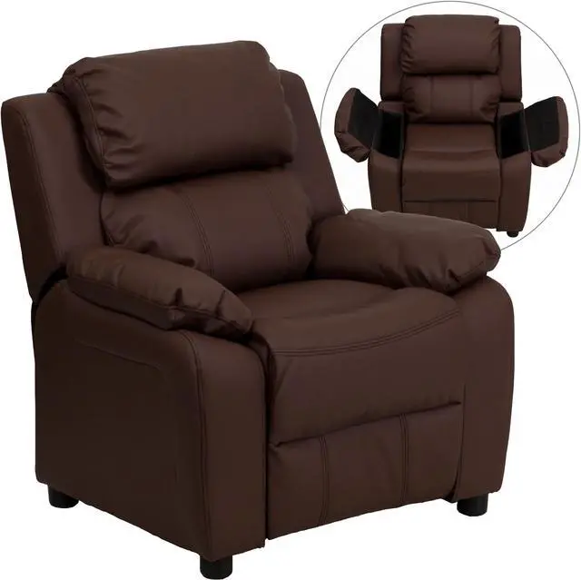 Alt view image 4 of 20 - Flash Furniture BT-7985-KID- BRN-LEA-GG Deluxe Heavily Padded Contemporary Brown Leather Kids Recliner with Storage Arms
