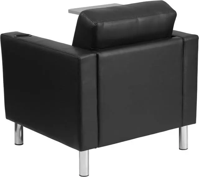Alt view image 2 of 20 - Black Leather Guest Chair with Tablet Arm, Tall Chrome Legs and Cup Holder
