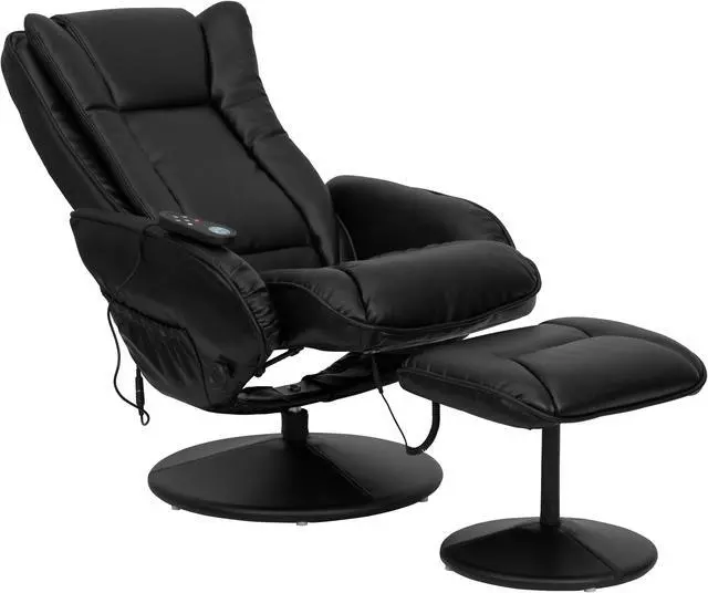 Alt view image 5 of 20 - Massaging Multi-Position Plush Recliner with Side Pocket and Ottoman in Black LeatherSoft