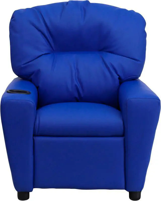 Alt view image 4 of 13 - Contemporary Blue Vinyl Kids Recliner with Cup Holder