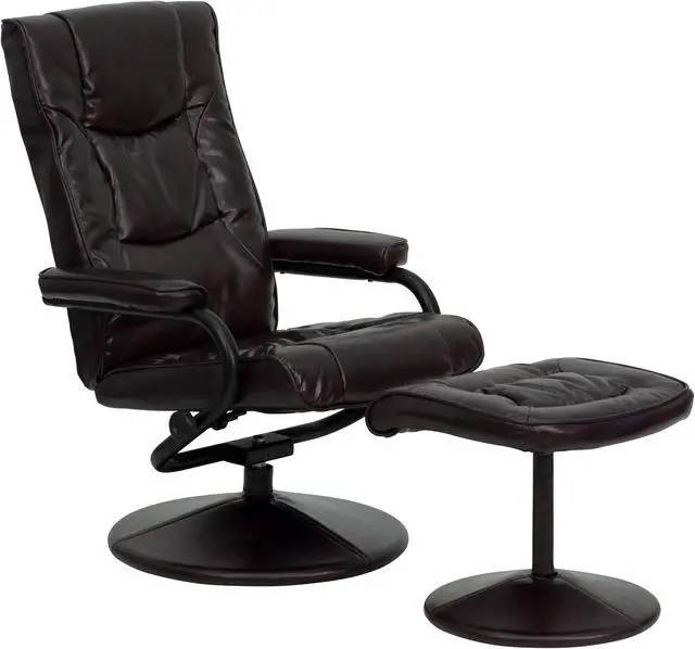 Main image of Contemporary Brown Leather Recliner and Ottoman with Leather Wrapped Base