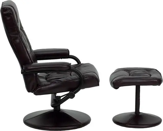 Alt view image 2 of 20 - Contemporary Brown Leather Recliner and Ottoman with Leather Wrapped Base