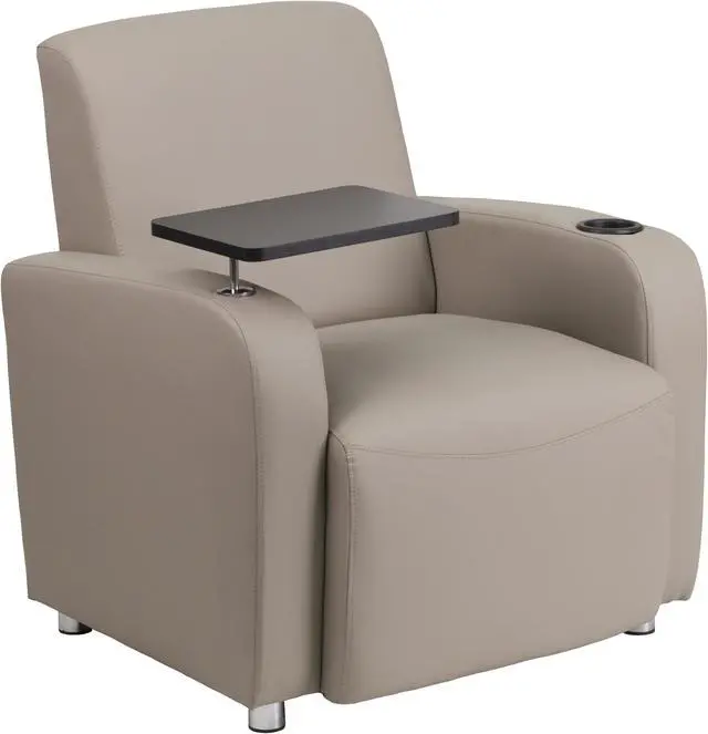 Main image of Gray Leather Guest Chair with Tablet Arm, Chrome Legs and Cup Holder