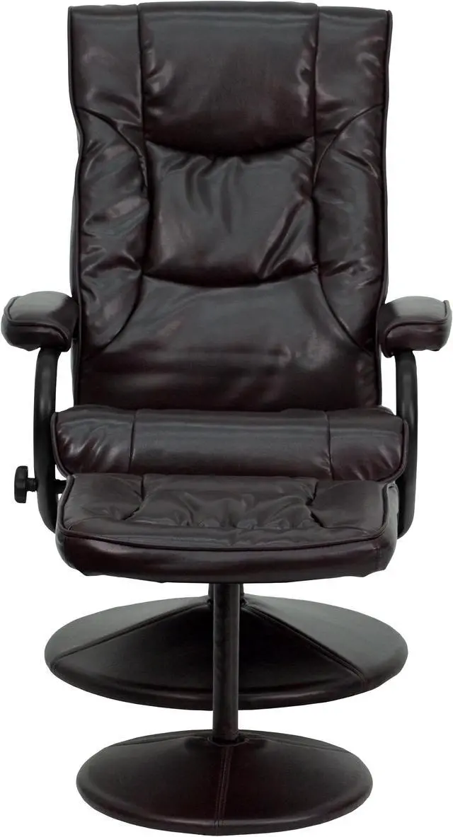 Alt view image 4 of 20 - Contemporary Brown Leather Recliner and Ottoman with Leather Wrapped Base