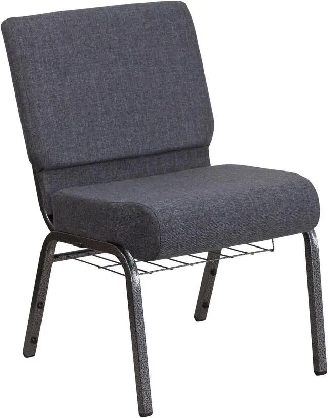 Main image of HERCULES Series 21''W Church Chair in Dark Gray Fabric with Book Rack - Silver Vein Frame