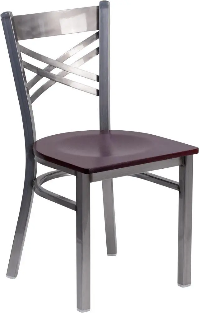 Main image of Flash Furniture HERCULES Series Clear Coated ''X'' Back Metal Restaurant Chair - Mahogany Wood Seat