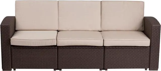 Alt view image 4 of 20 - Chocolate Brown Faux Rattan Sofa with All-Weather Beige Cushions