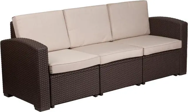 Alt view image 2 of 20 - Chocolate Brown Faux Rattan Sofa with All-Weather Beige Cushions