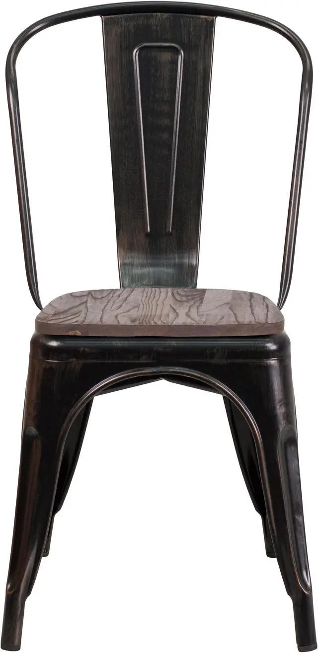 Alt view image 4 of 19 - Black-Antique Gold Metal Stackable Chair with Wood Seat