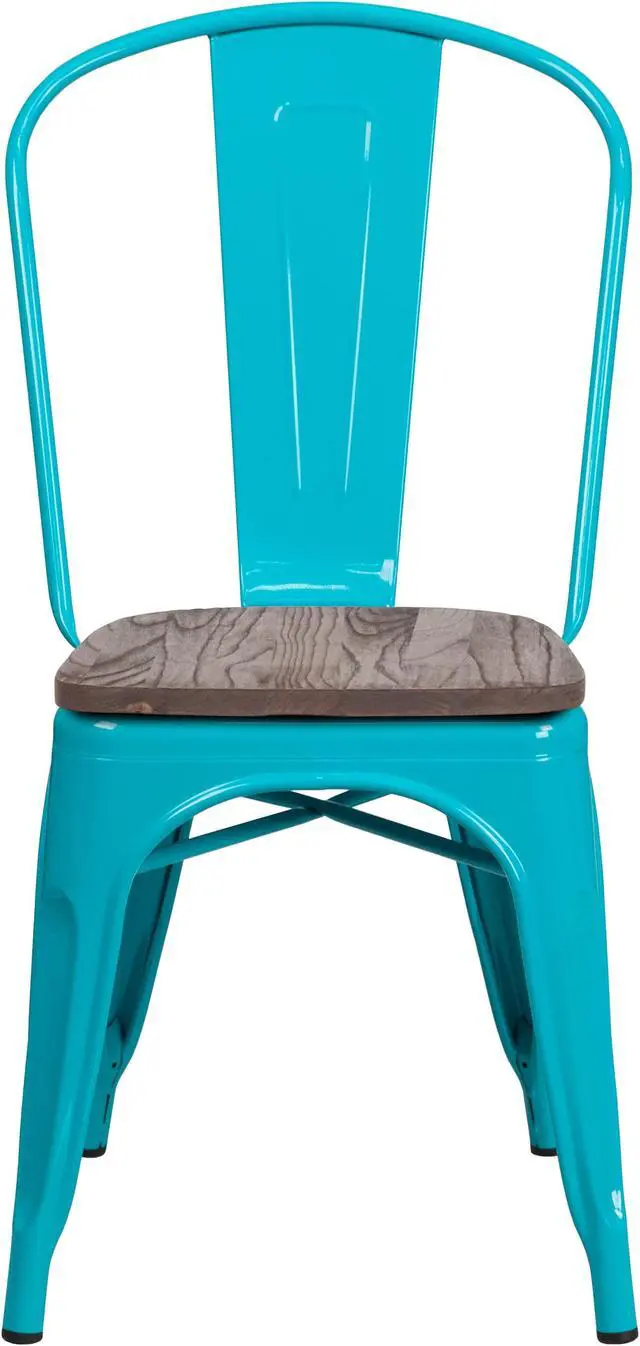 Alt view image 4 of 20 - Crystal Teal-Blue Metal Stackable Chair with Wood Seat