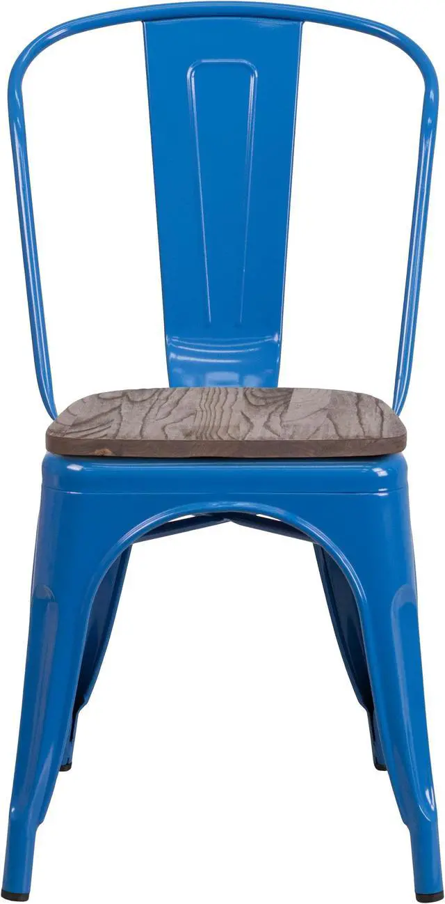 Alt view image 3 of 17 - Blue Metal Stackable Chair with Wood Seat