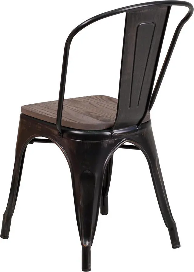 Alt view image 3 of 19 - Black-Antique Gold Metal Stackable Chair with Wood Seat