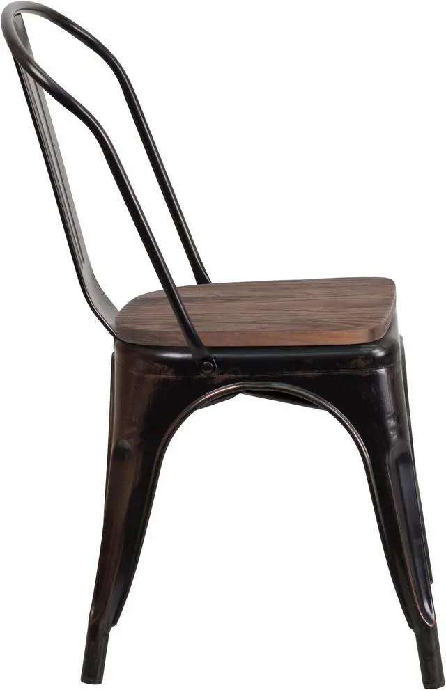 Alt view image 2 of 19 - Black-Antique Gold Metal Stackable Chair with Wood Seat