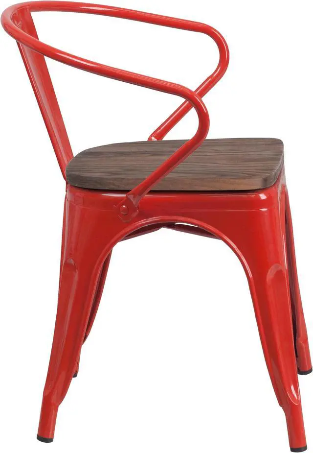 Alt view image 2 of 19 - Red Metal Chair with Wood Seat and Arms