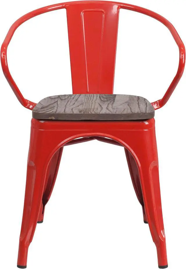 Alt view image 4 of 19 - Red Metal Chair with Wood Seat and Arms