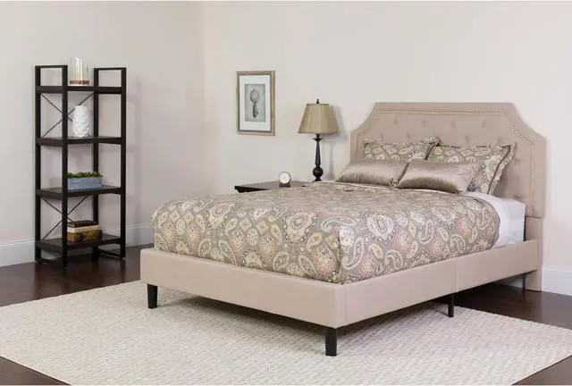 Alt view image 2 of 18 - Brighton Queen Size Tufted Upholstered Platform Bed in Beige Fabric with Memory Foam Mattress