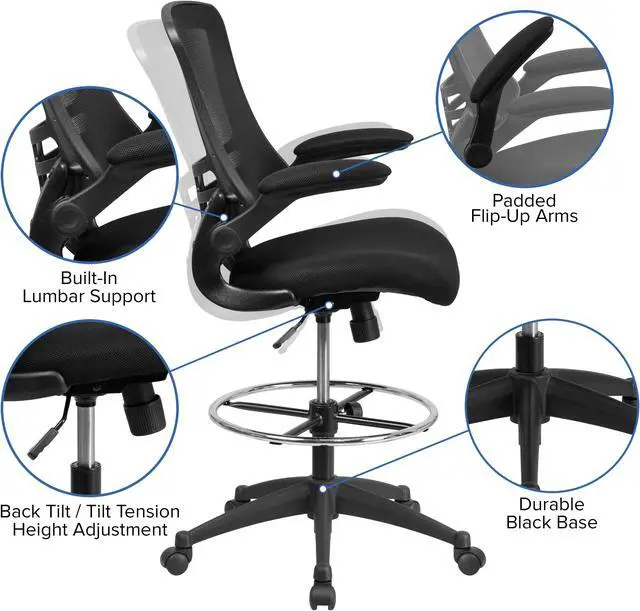 Alt view image 6 of 20 - Mid-Back Black Mesh Ergonomic Drafting Chair with Adjustable Foot Ring and Flip-Up Arms