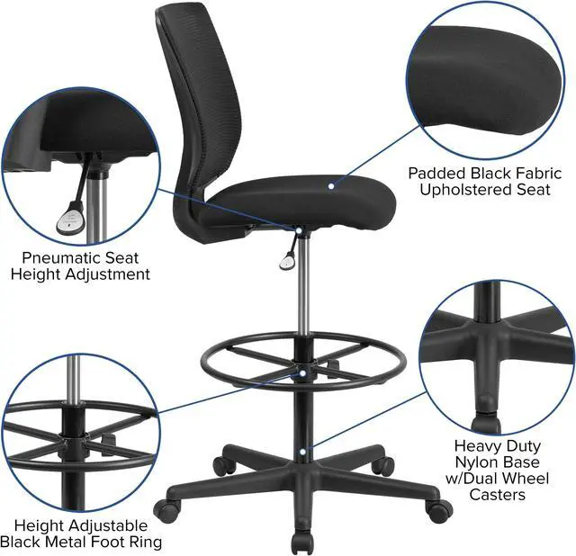 Alt view image 4 of 20 - Ergonomic Mid-Back Mesh Drafting Chair with Black Fabric Seat and Adjustable Foot Ring