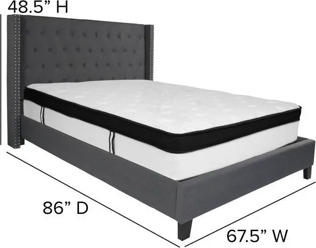Main image of Riverdale Queen Size Tufted Upholstered Platform Bed in Dark Gray Fabric with Memory Foam Mattress