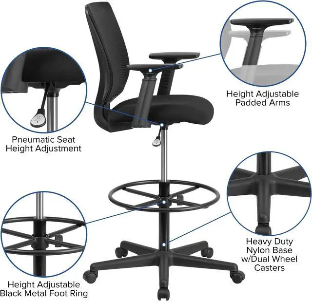 Alt view image 4 of 20 - Ergonomic Mid-Back Mesh Drafting Chair with Black Fabric Seat, Adjustable Foot Ring and Adjustable Arms