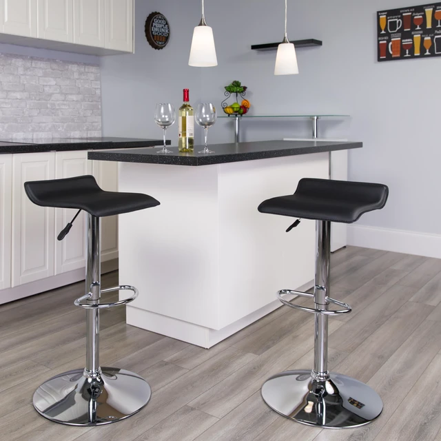 Alt view image 2 of 20 - Contemporary Black Vinyl Adjustable Height Barstool with Solid Wave Seat and Chrome Base
